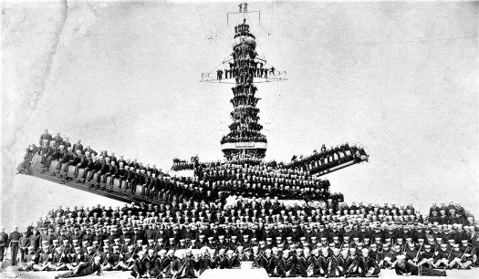 Navy United States Marines and Sailors posing on unidentified ship likely either the USS Pennsylvania or USS Arizona in 1918